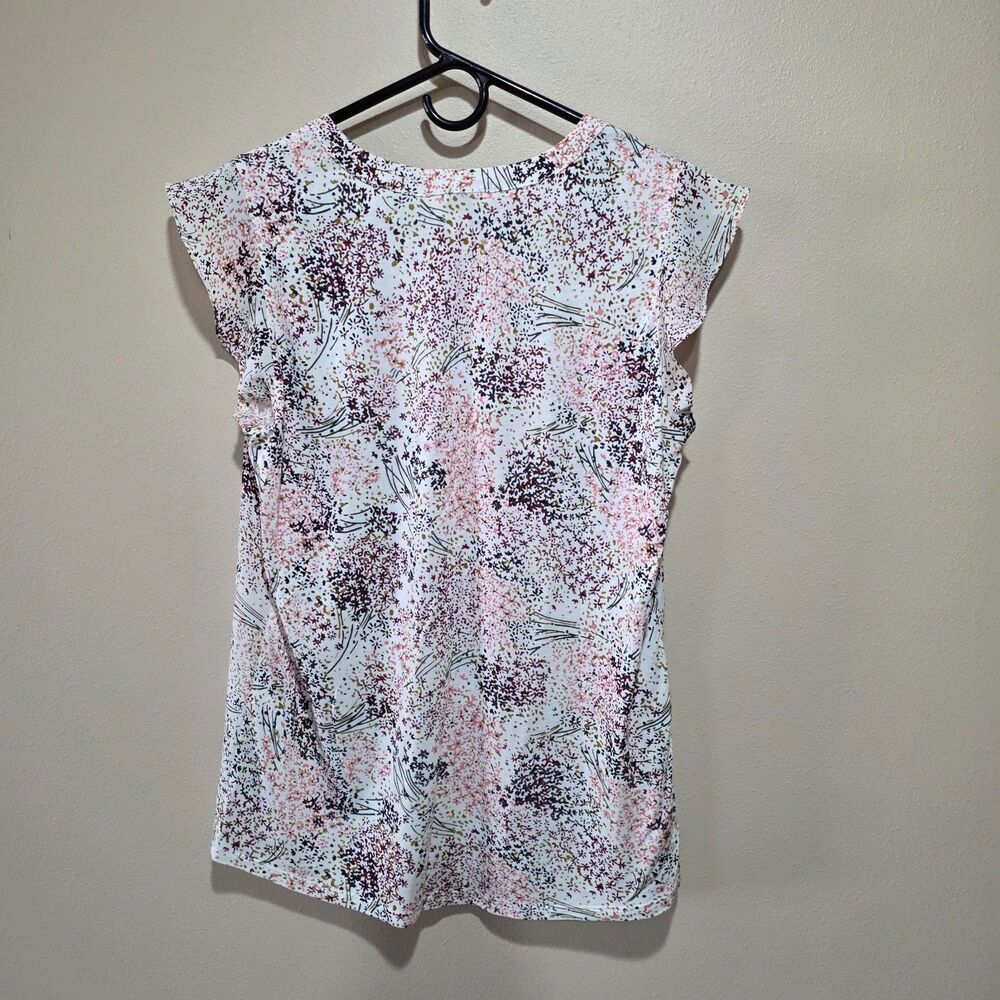 LOFT Floral Flutter Sleeve Split Neck Blouse White Pink Burgundy S - Picture 3 of 8